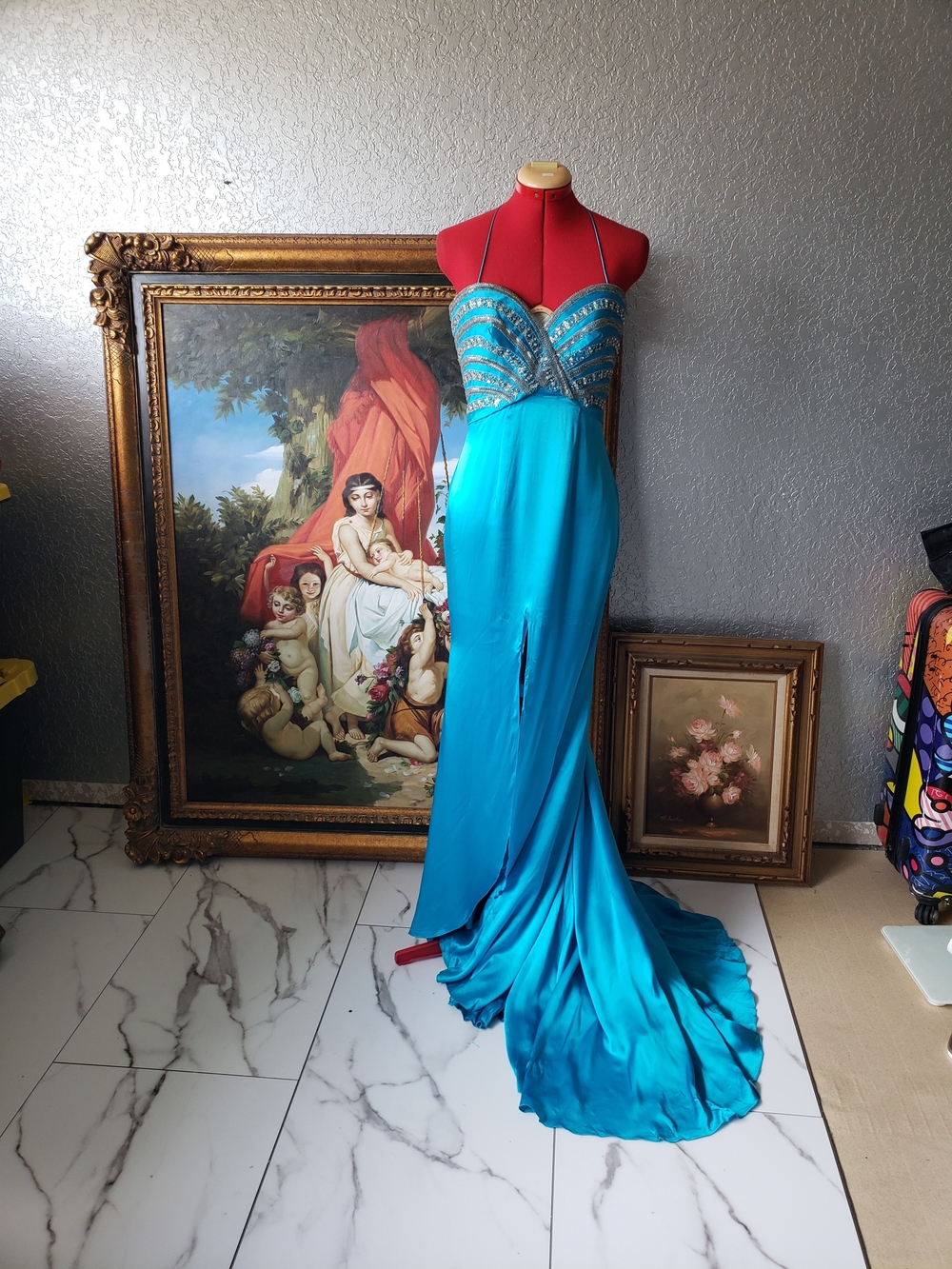 Jovani Turquoise Strapless Beaded Fitted Gown with Train
